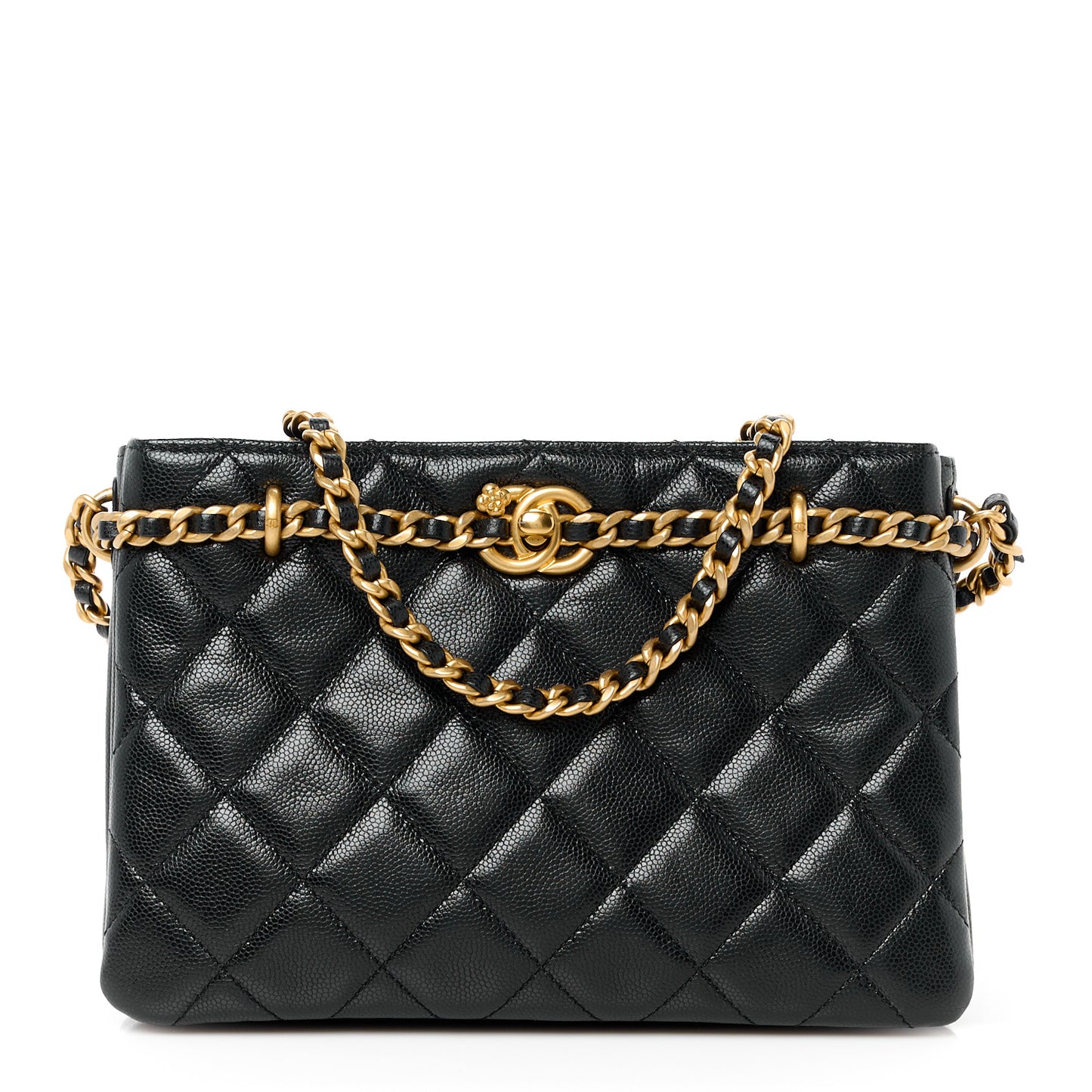 Caviar Quilted Camellia Small Shopping Bag Black