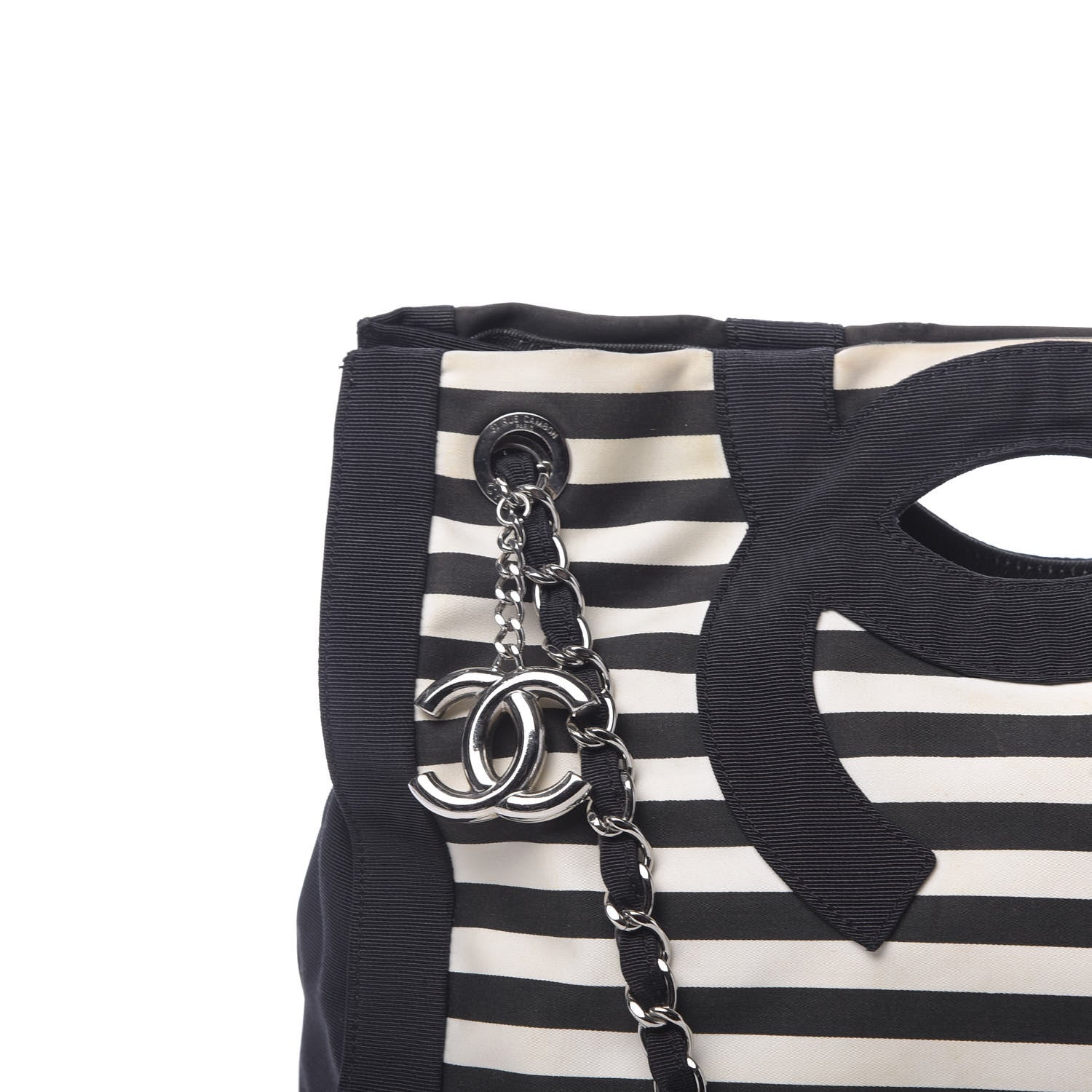 Chanel Striped Canvas CC Shopping Tote Black White 7 of 10