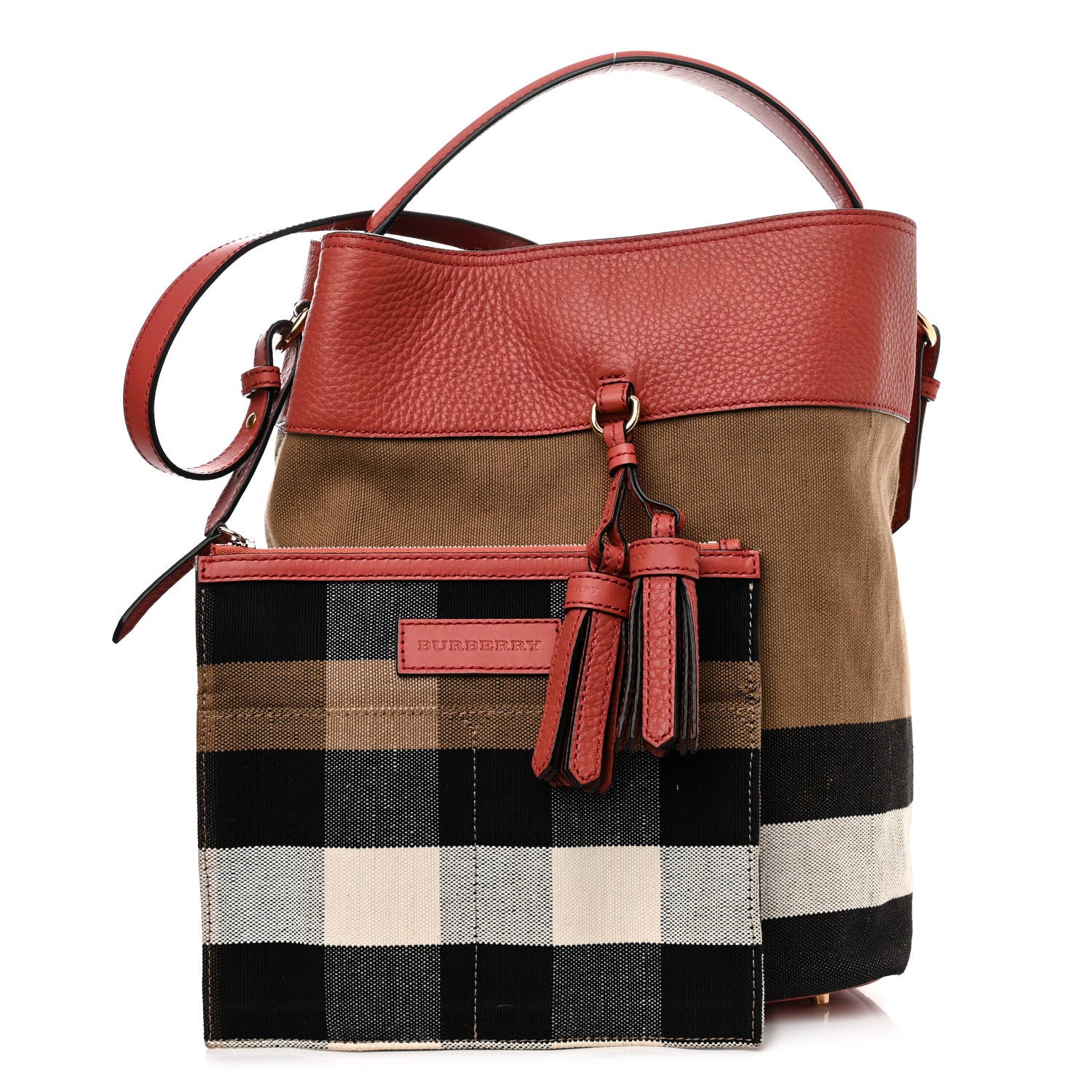 Burberry Grainy Calfskin Canvas Mega Check Medium Ashby Tassel Hobo Pink Azalea 1 of 18