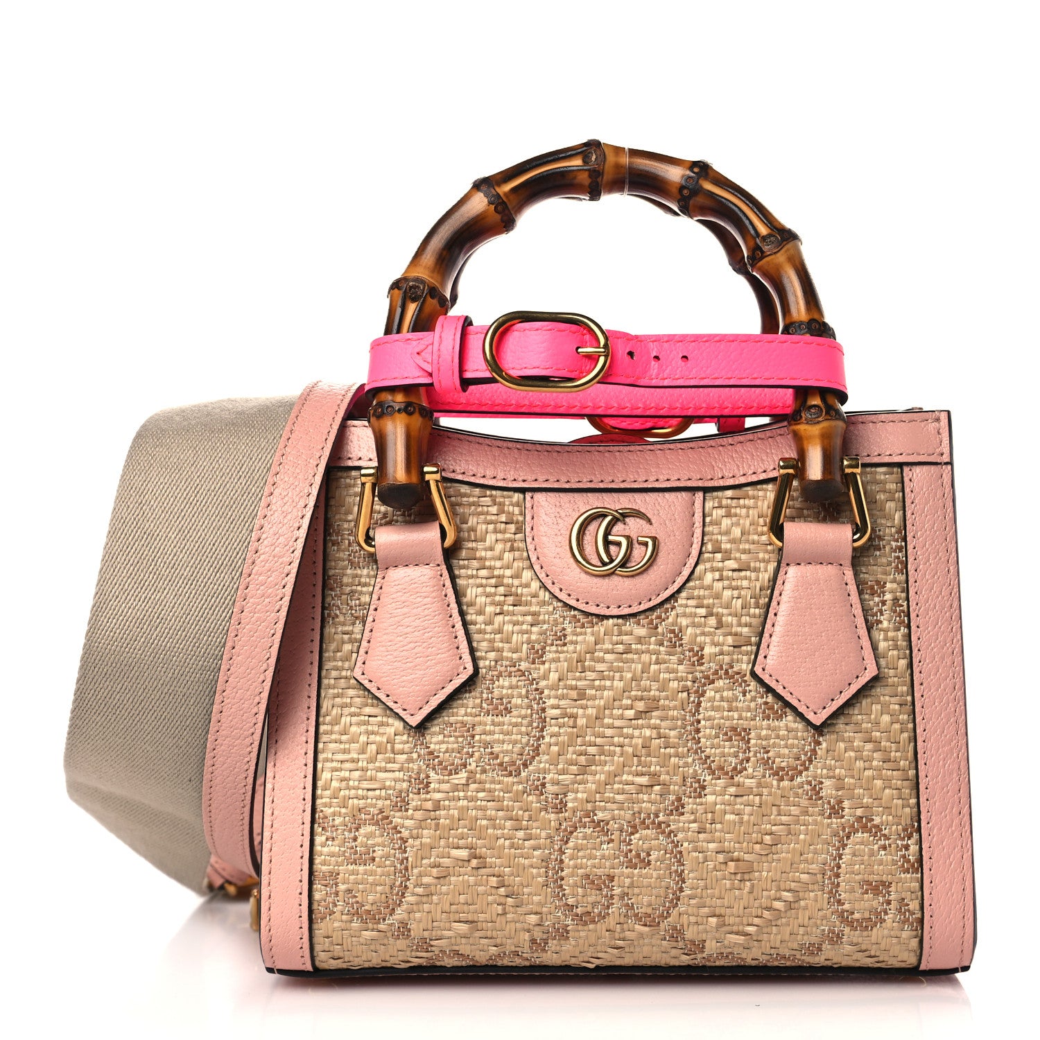 Gucci Raffia Textured Dollar Calfskin GG Monogram Mini Diana Tote Bag Wild Rose Fuxia Fluo 1 of 10