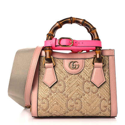 Gucci Raffia Textured Dollar Calfskin GG Monogram Mini Diana Tote Bag Wild Rose Fuxia Fluo 1 of 10
