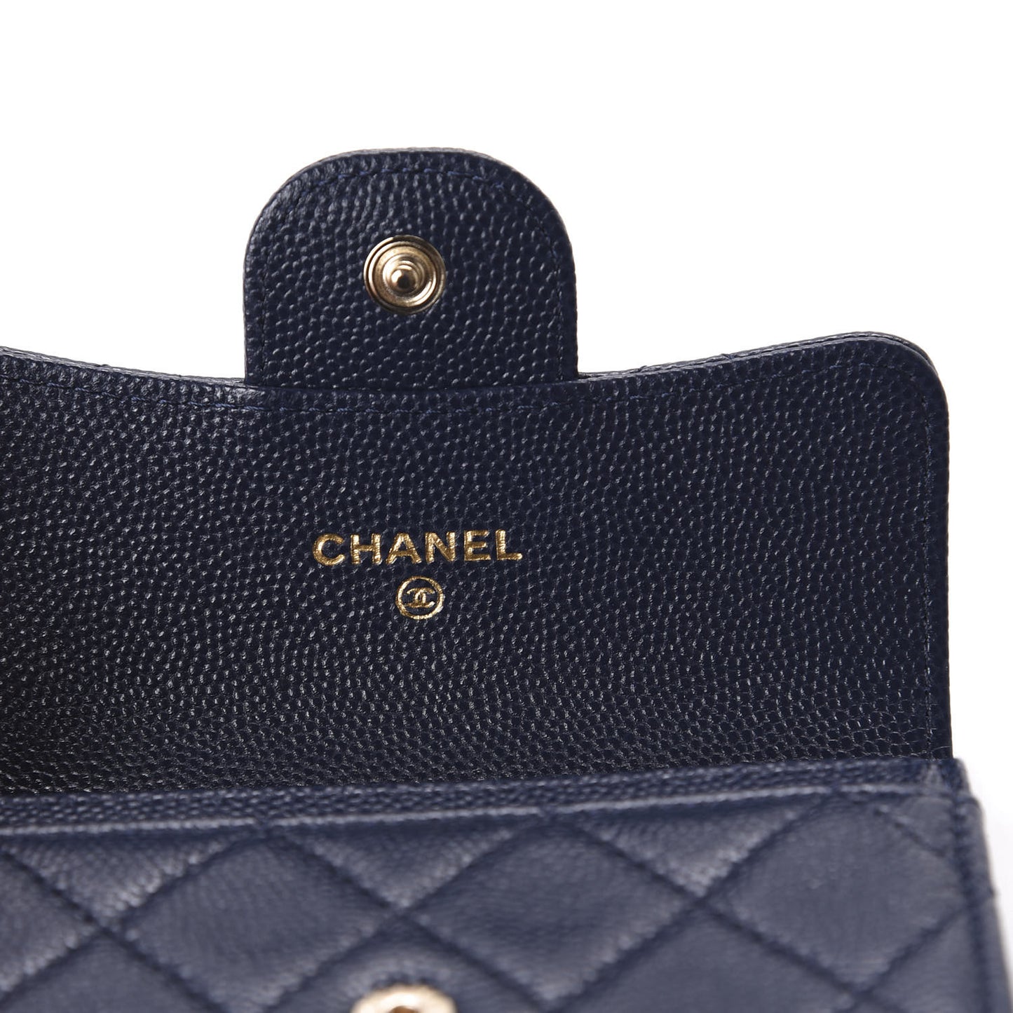 Caviar Quilted Flap Card Holder Wallet Navy Blue