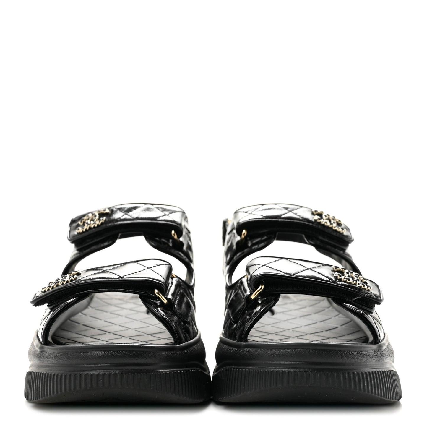 Shiny Calfskin Chain CC Velcro Dad Platform Sandals  38 Black