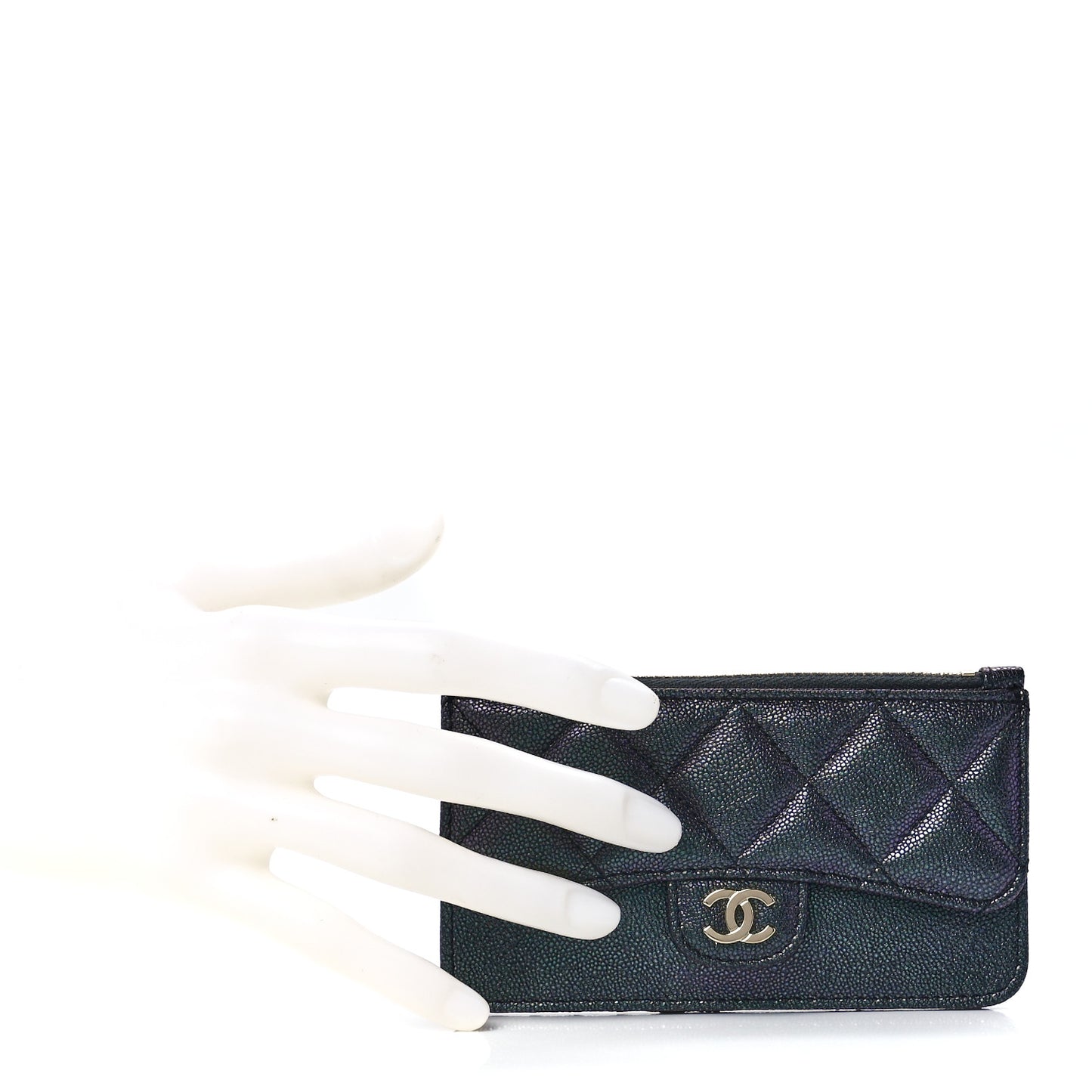 Iridescent Caviar Quilted Flap Zip Card Holder Black