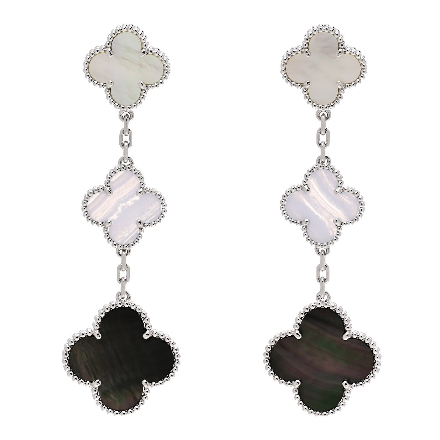 Van Cleef & Arpels 18K White Gold Mother of Pearl Chalcedony 3 Motifs Magic Alhambra Earrings 1 of 5
