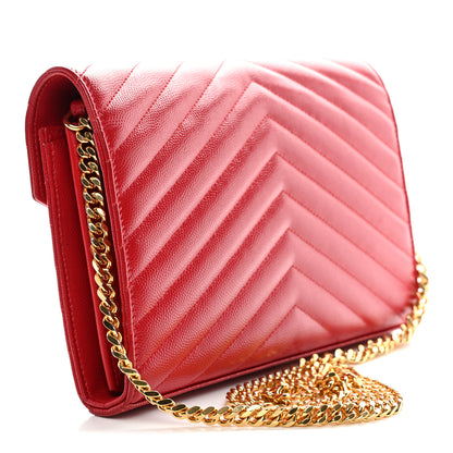 Saint Laurent Grain De Poudre Matelasse Chevron Monogram Chain Wallet New Red 3 of 12