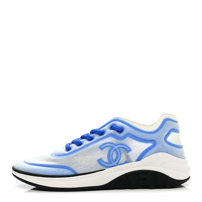 Chanel Calfskin Mesh Lyrca Womens Logo Sneakers 39 White Blue 1 of 8
