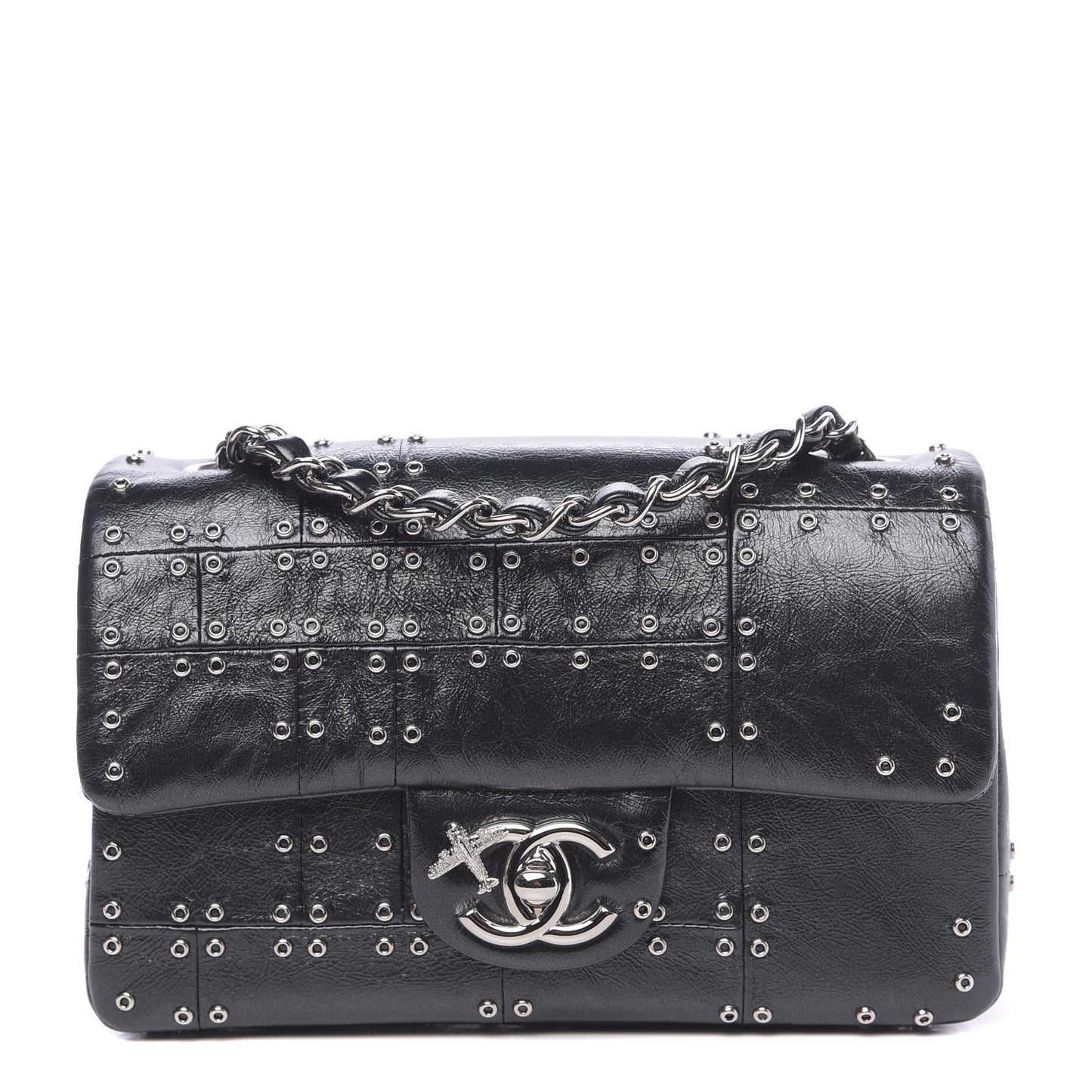 Glazed Calfskin Grommet Embellished Mini Airline Rectangular Flap Black