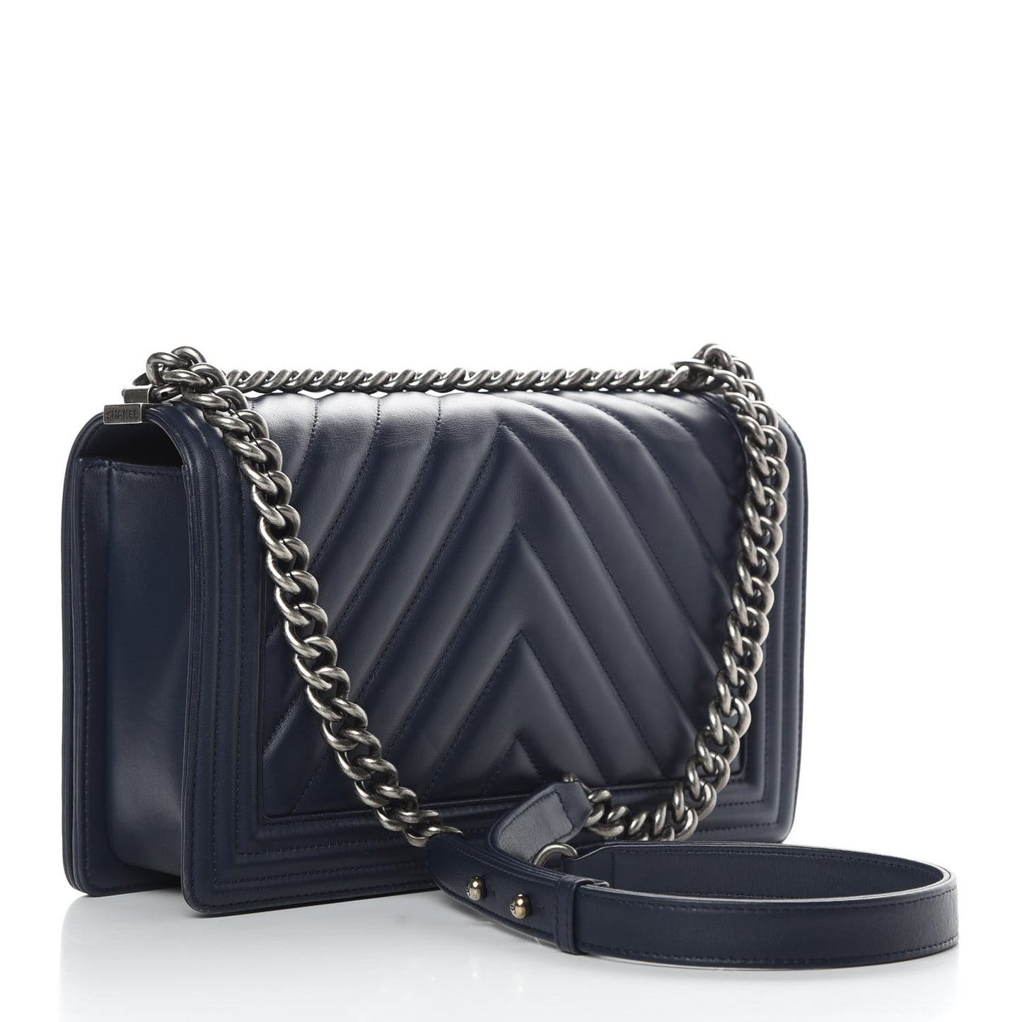 Calfskin Chevron Quilted New Medium Boy Flap Dark Navy Blue
