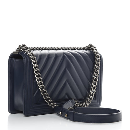 Chanel Calfskin Chevron Quilted New Medium Boy Flap Dark Navy Blue 3 of 14