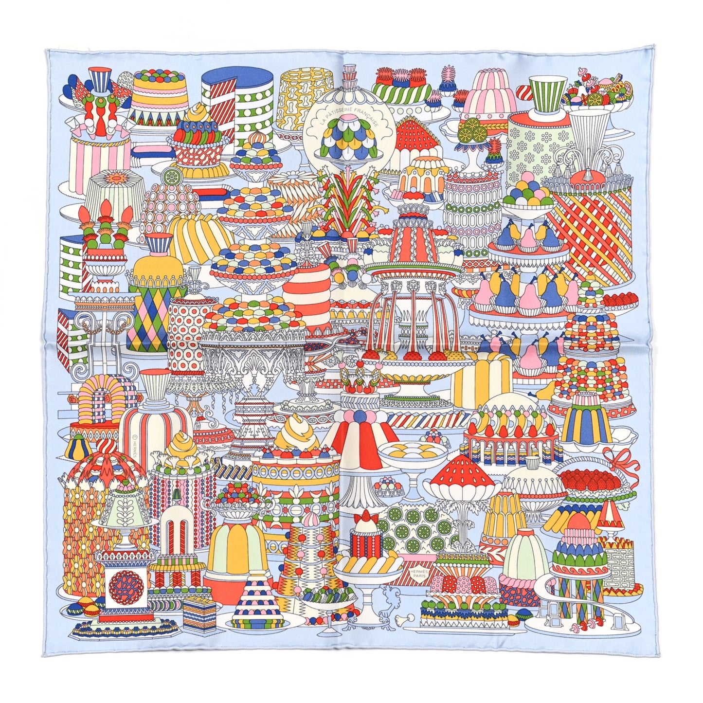 Silk La Patisserie Francaise Scarf 90 Bleu Ciel Rouge Multicolor
