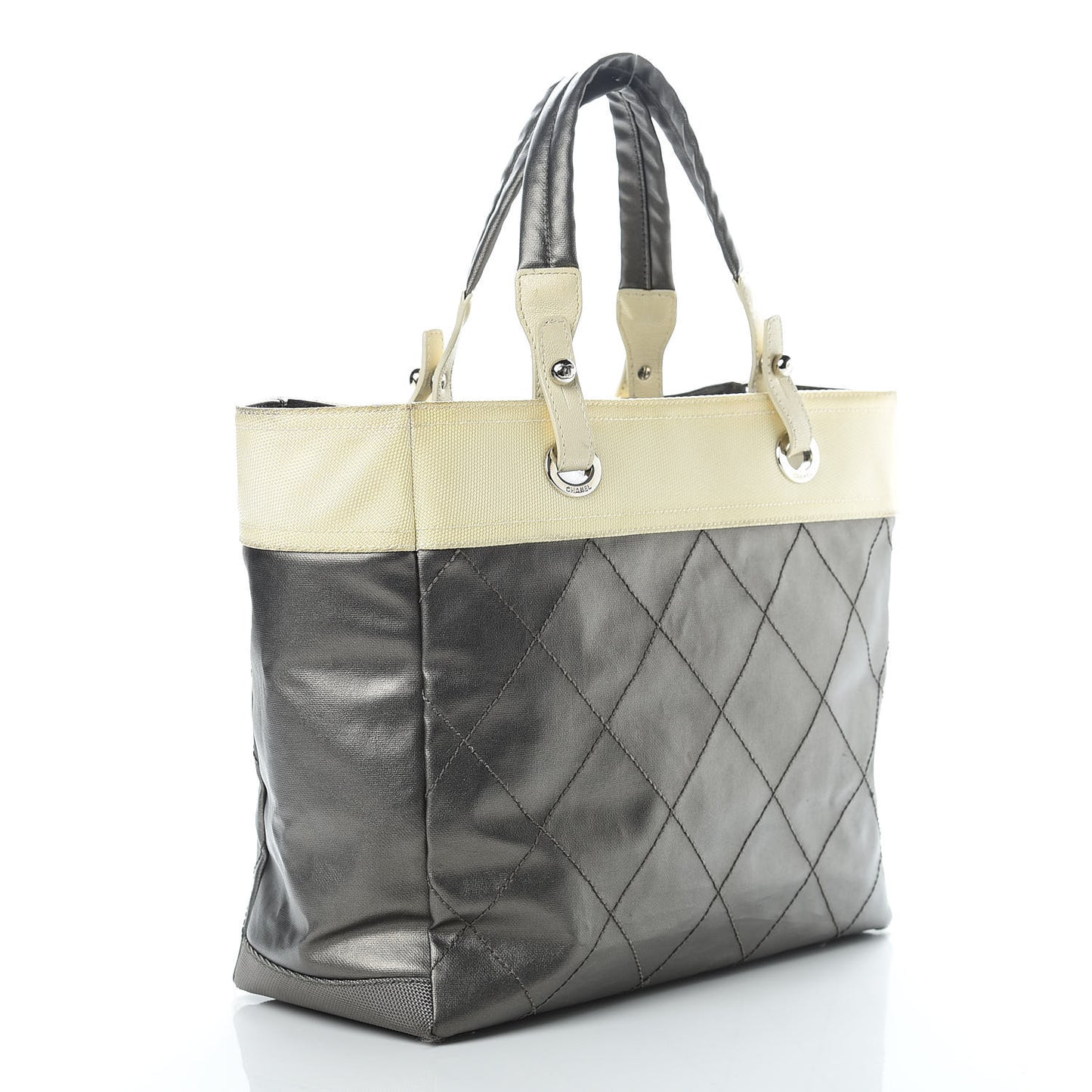 Coated Canvas Quilted Large Paris Biarritz Tote Silver