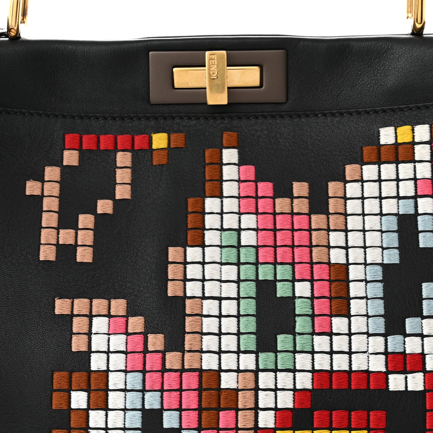 Calfskin Pixel Embroidered Large Peekaboo Iconic Satchel Black