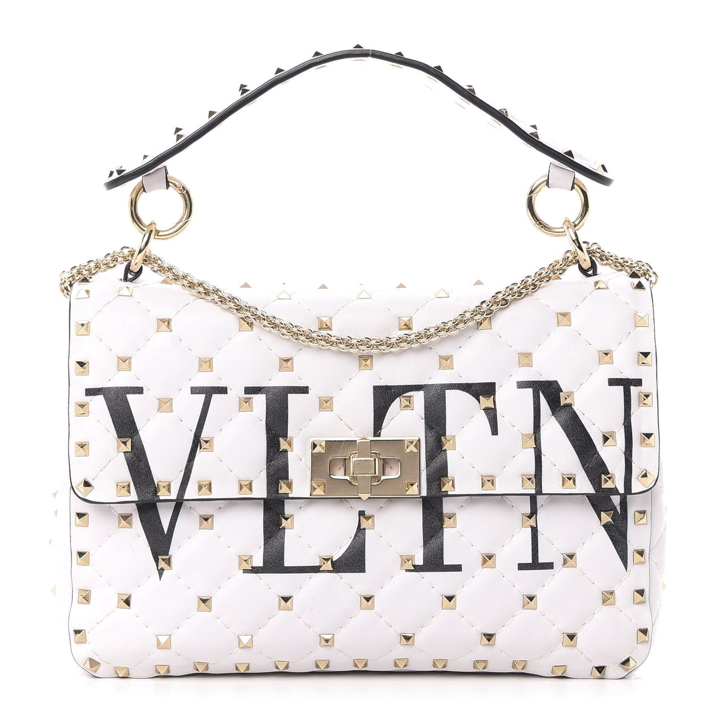 Lambskin VLTN Print Medium Rockstud Spike Shoulder Bag Optic White Black