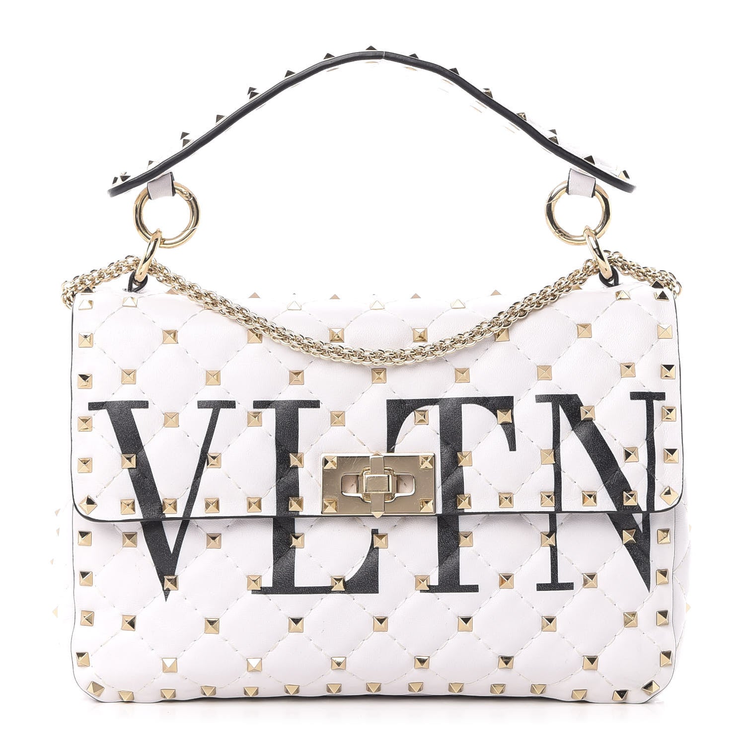Valentino Garavani Lambskin VLTN Print Medium Rockstud Spike Shoulder Bag Optic White Black 1 of 12