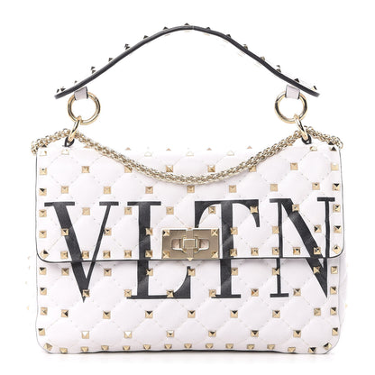 Valentino Garavani Lambskin VLTN Print Medium Rockstud Spike Shoulder Bag Optic White Black 1 of 12