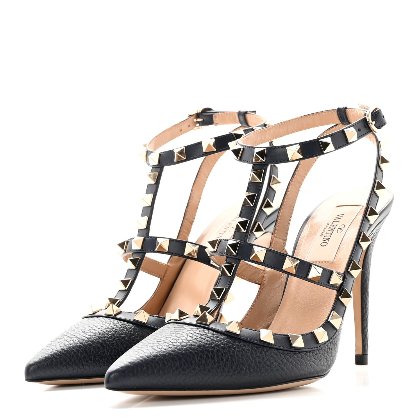 Pebbled Calfskin Rockstud Ankle Strap 100mm Pumps 37 Deep Denim