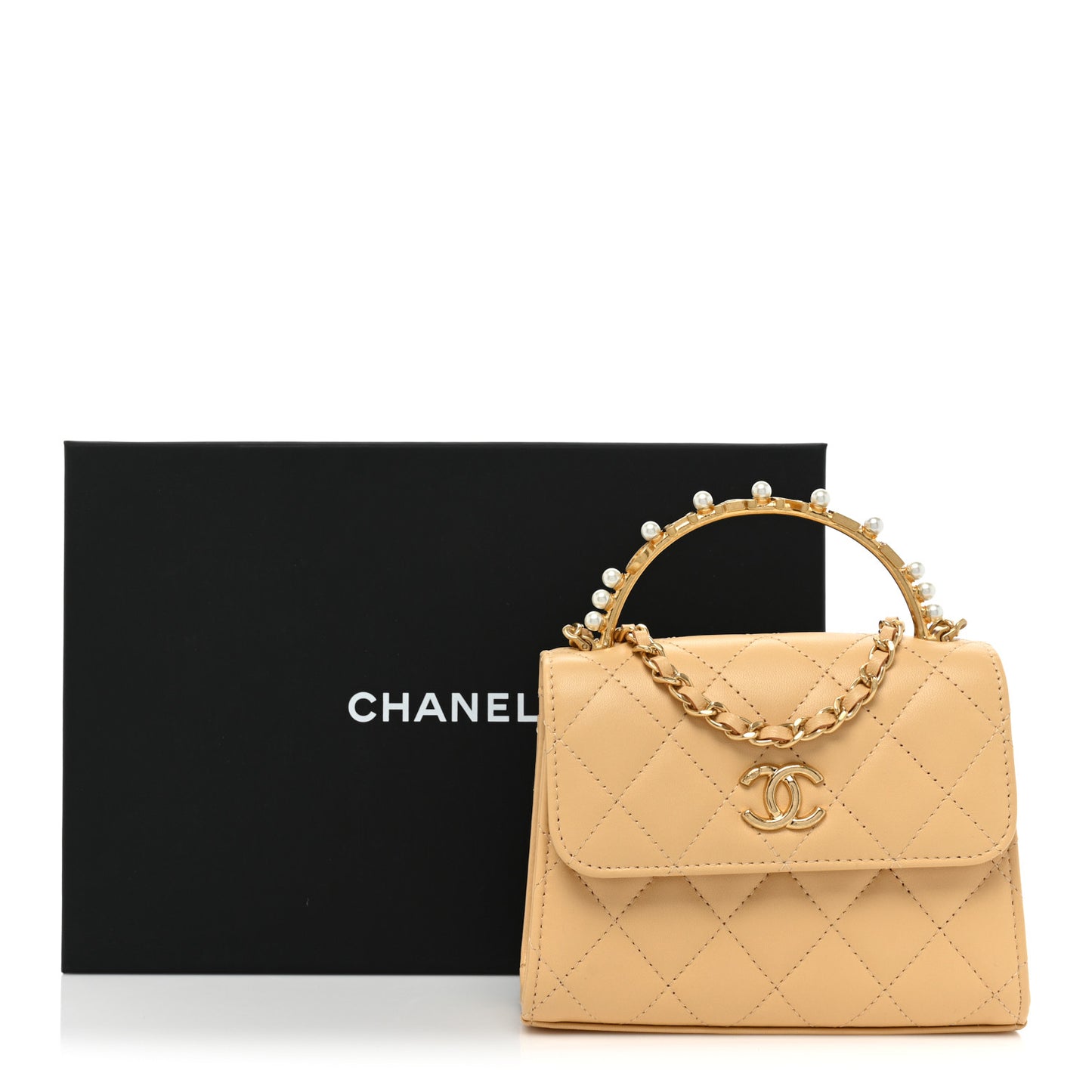 Lambskin Pearl Enamel Quilted Pearly Girl Handle Flap Clutch With Chain Beige