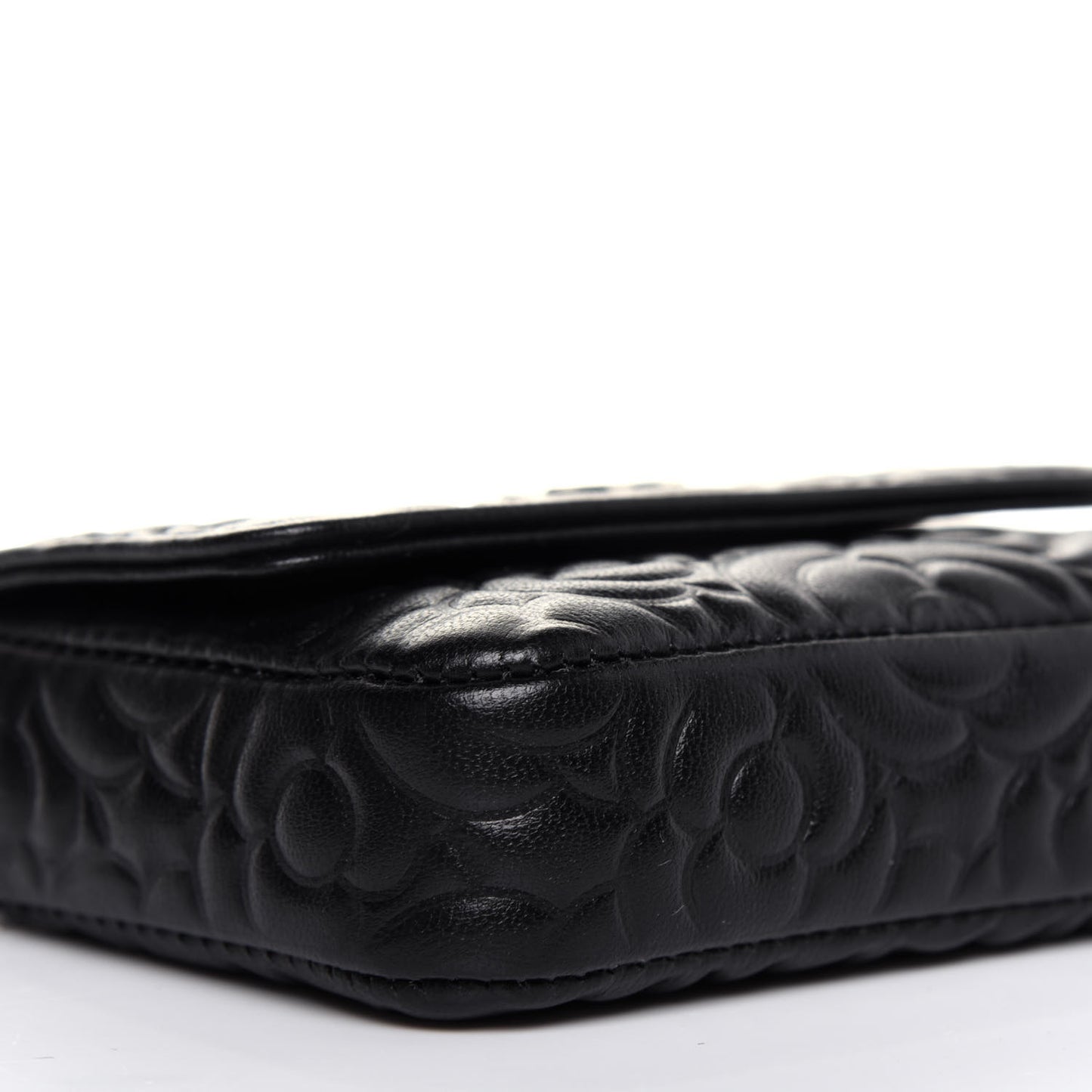 Lambskin Camellia Embossed Chain Belt Bag Black