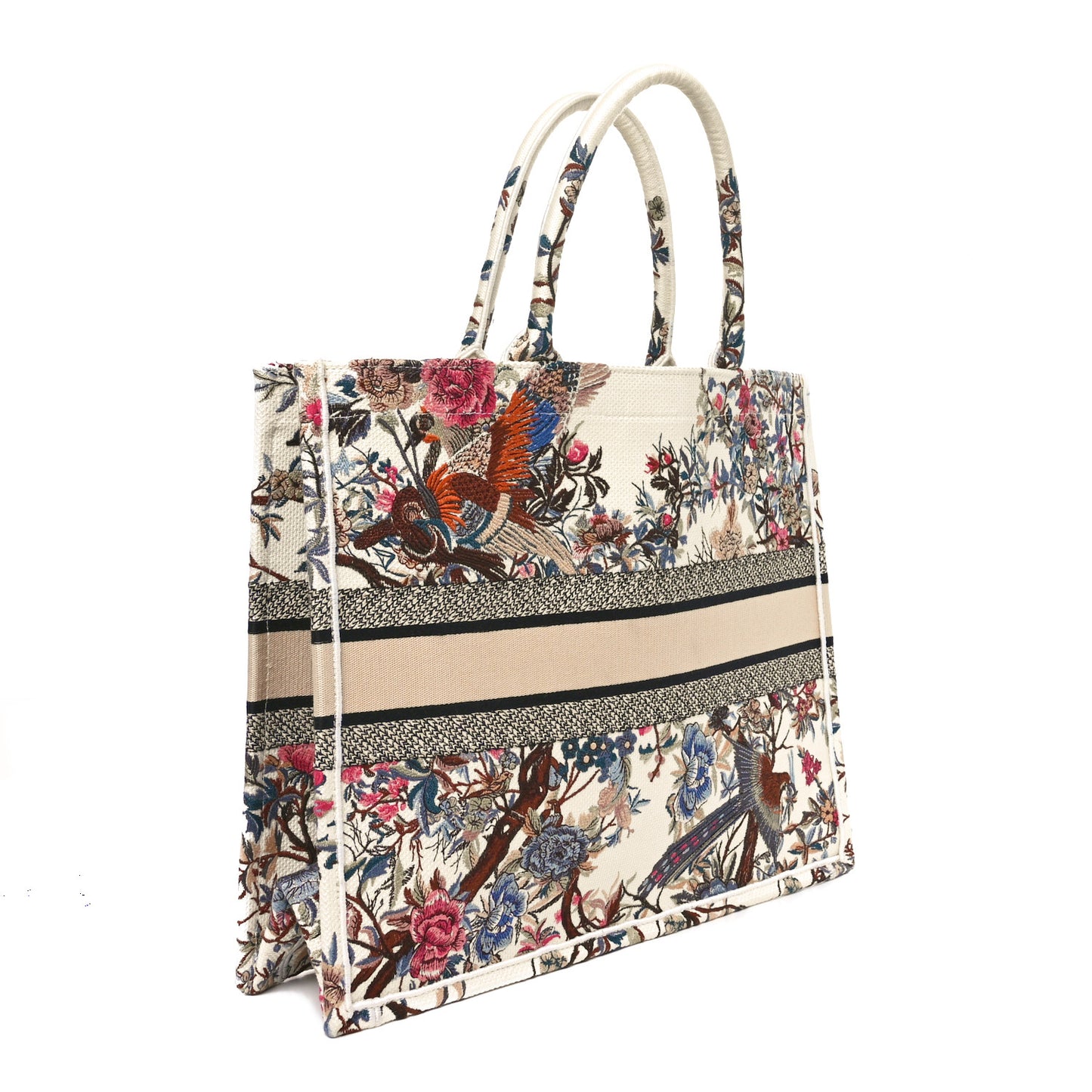 Canvas Embroidered Large Jardin D'Hiver Book Tote Latte Multicolor