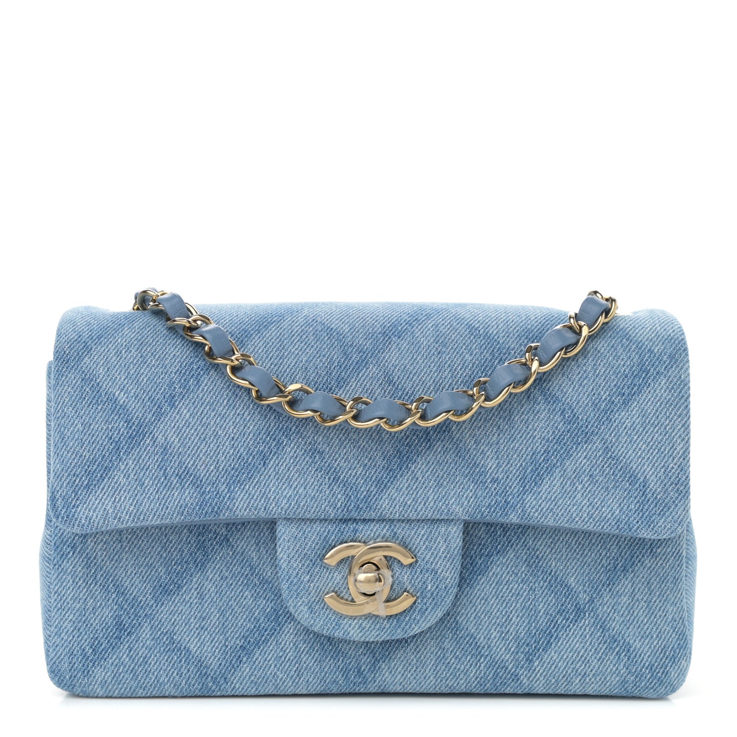 Printed Denim Quilted Mini Rectangular Flap Light Blue