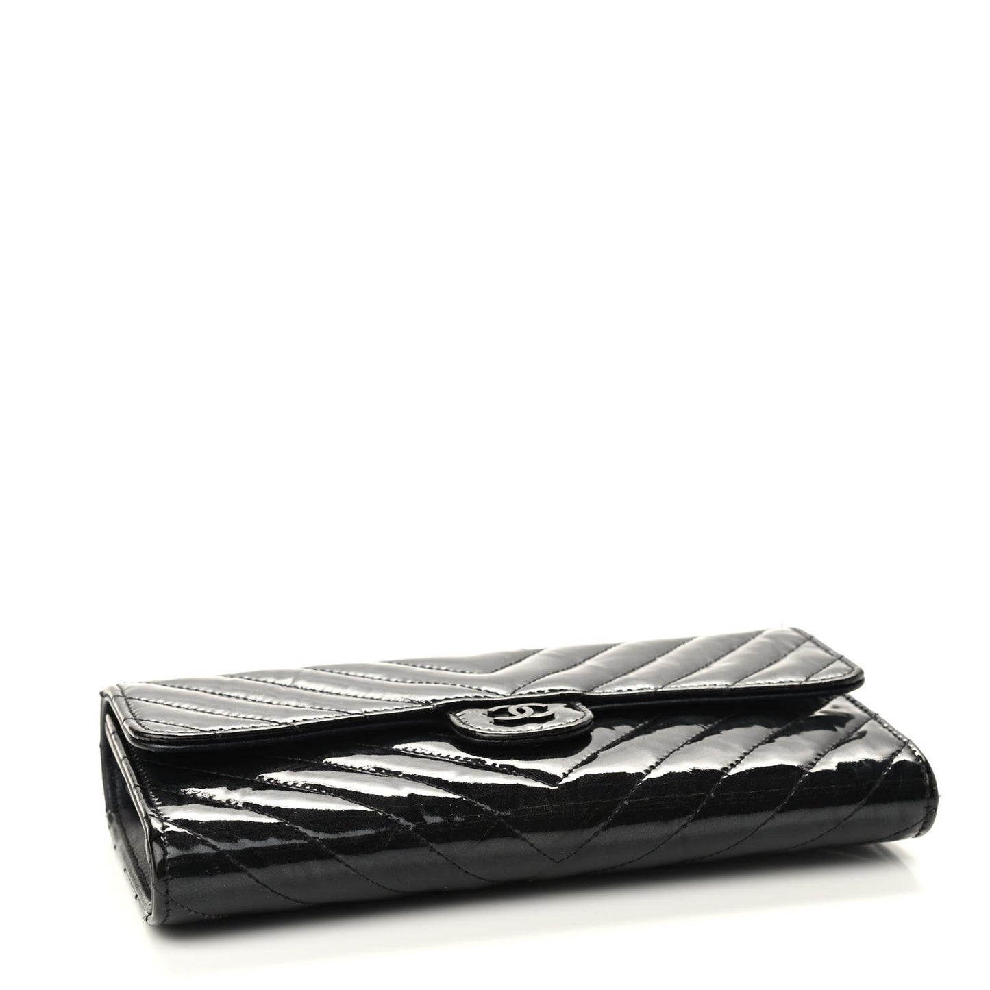 Patent Metallic Crumpled Calfskin Chevron Quilted Large Gusset Flap Wallet So Black