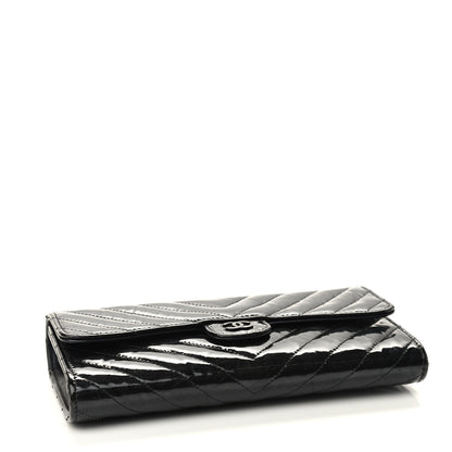 Chanel Patent Metallic Crumpled Calfskin Chevron Quilted Large Gusset Flap Wallet So Black 4 of 10
