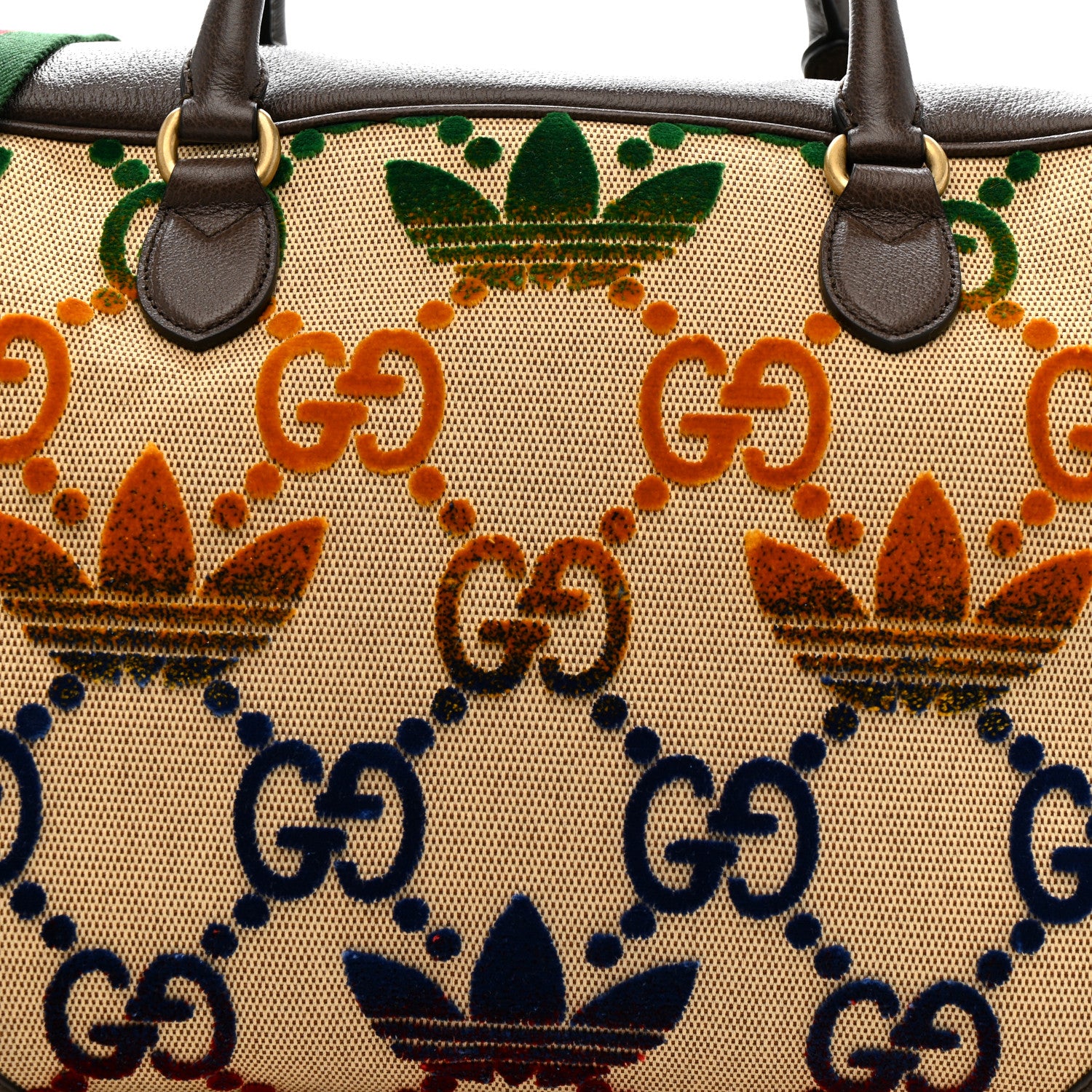 Gucci X ADIDAS Canvas Textured Dollar Calfskin Web GG Monogram Trefoil Large Bowling Bag Beige Brown Multicolor 7 of 9