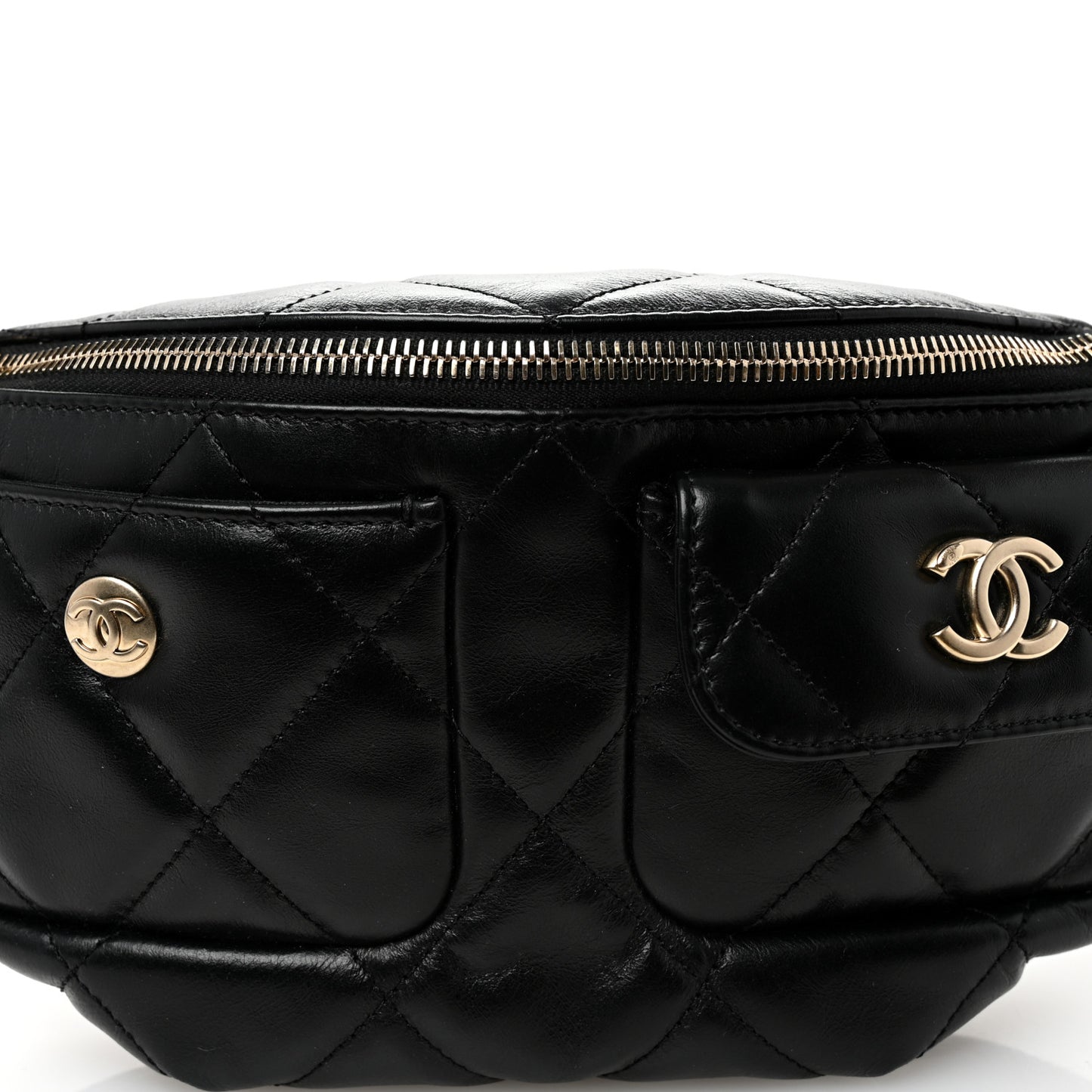 Shiny Aged Calfskin Quilted CC Pockets Jacket Waist Belt Bag Black