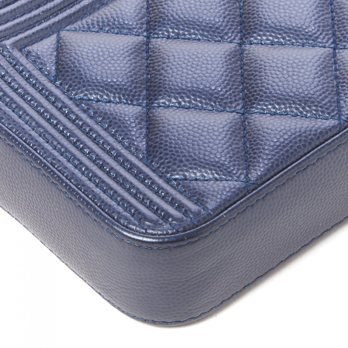 Metallic Caviar Quilted Small Boy Clutch With Chain Navy