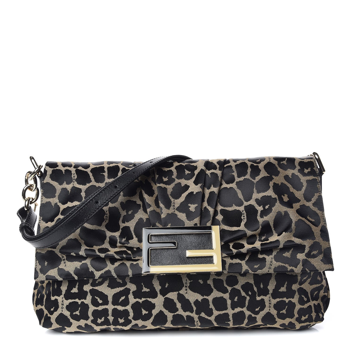 Fendi Jacquard Leopard Print Large Mia Shoulder Flap Taupe Black 1 of 10