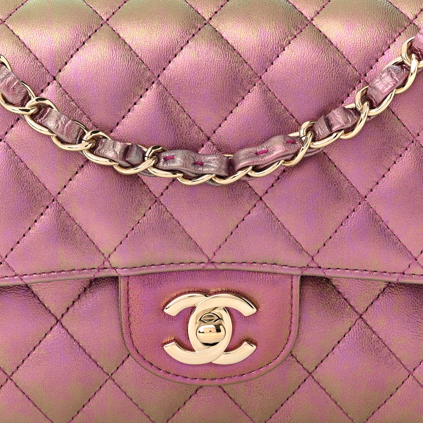 Iridescent Lambskin Quilted Medium Double Flap Purple