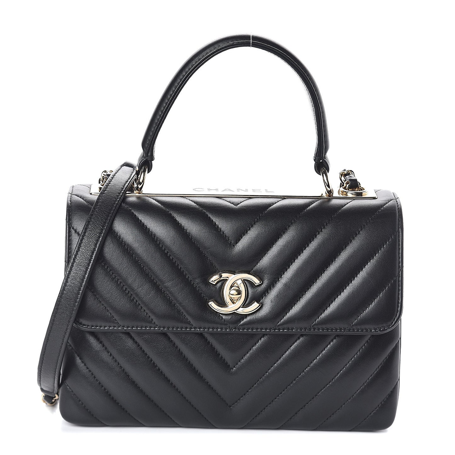 Lambskin Chevron Quilted Small Trendy CC Dual Handle Flap Bag Black