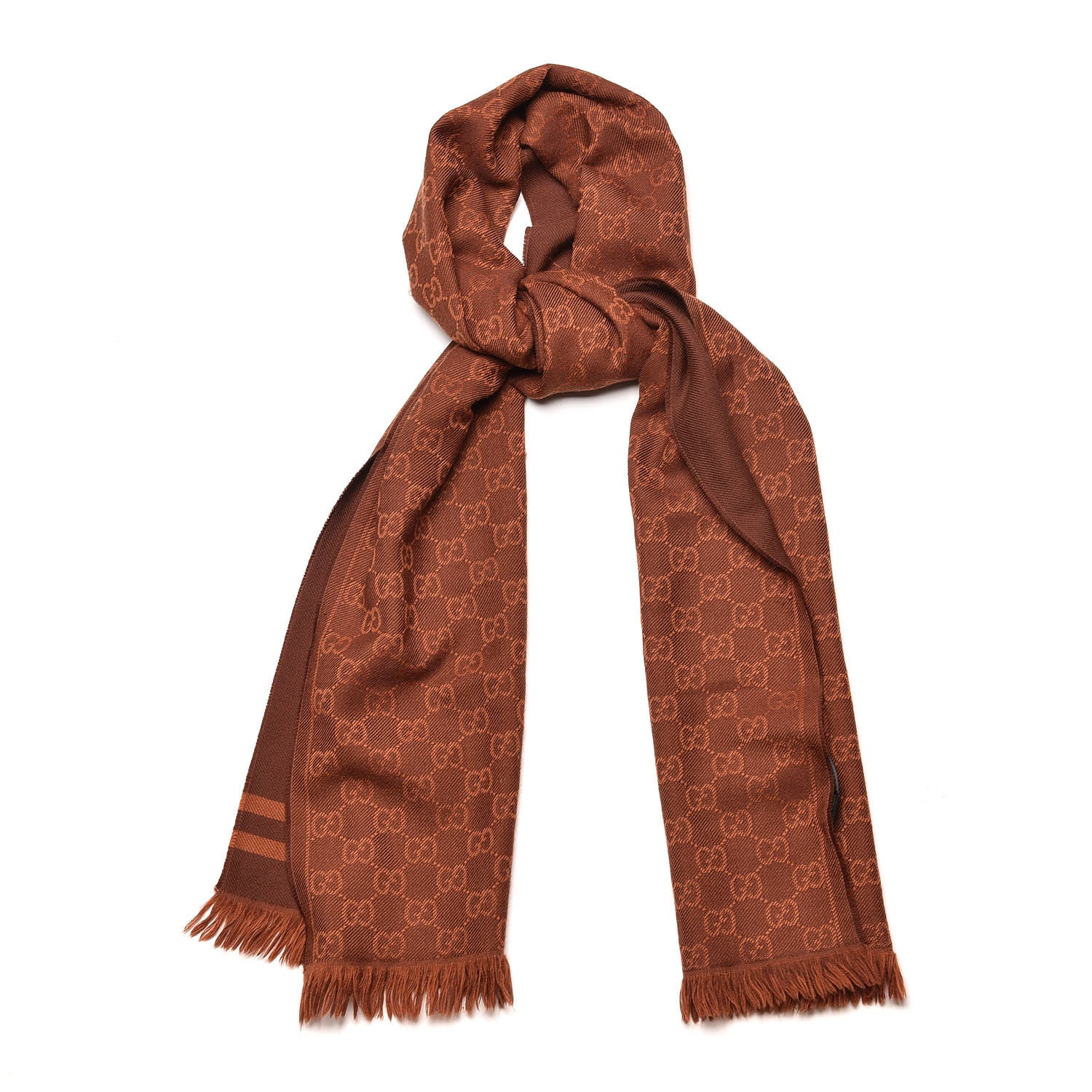 Gucci Wool Monogram Fringe Scarf Dark Orange Brown 1 of 5