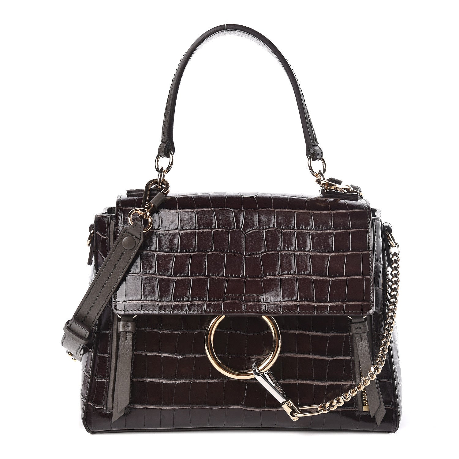 Chloe Calfskin Crocodile Embossed Small Faye Day Shoulder Bag Profound Brown 1 of 9