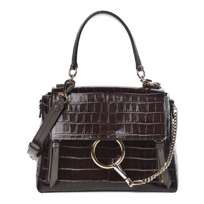 Chloe Calfskin Crocodile Embossed Small Faye Day Shoulder Bag Profound Brown 1 of 9