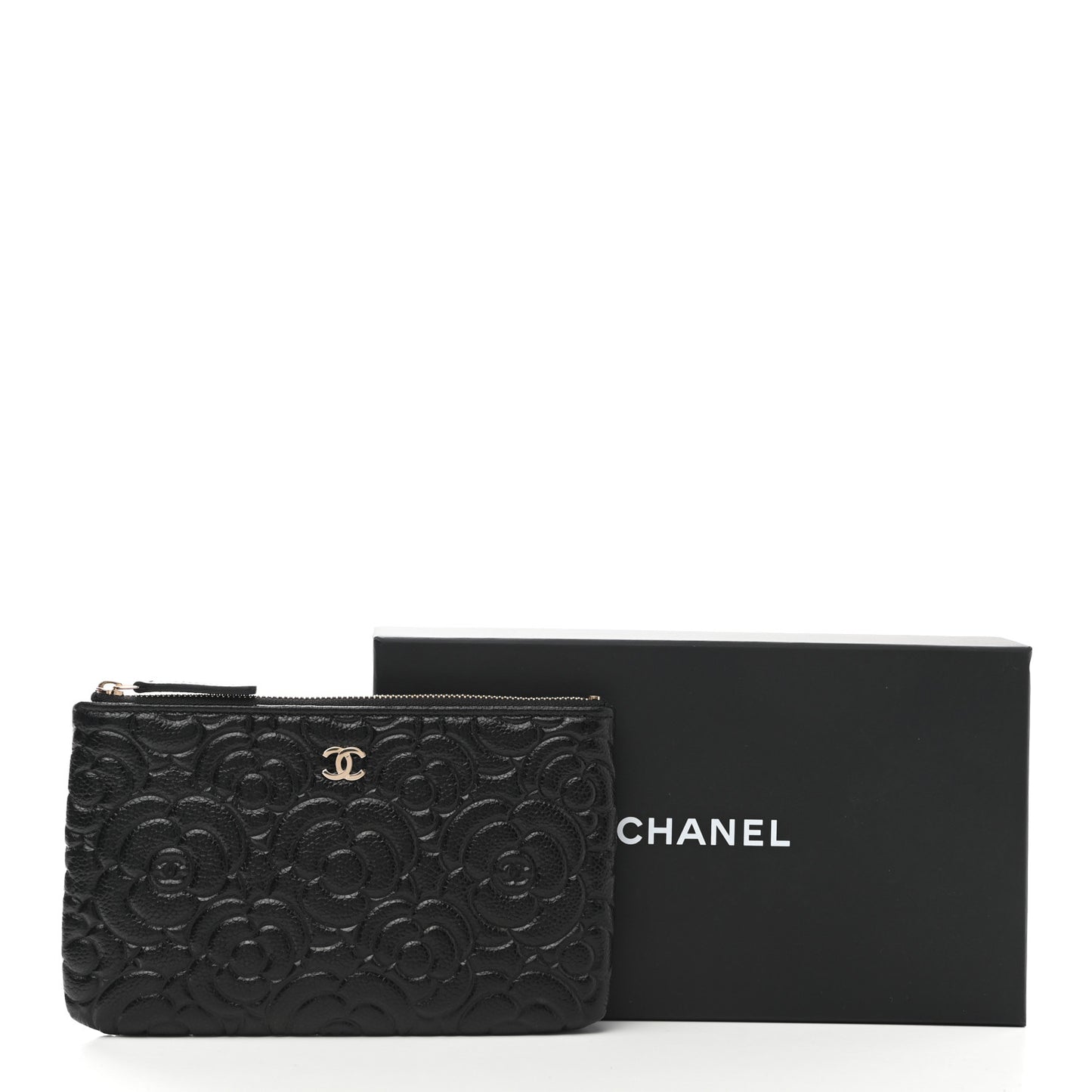 Caviar Camellia Embossed Small Pouch Black