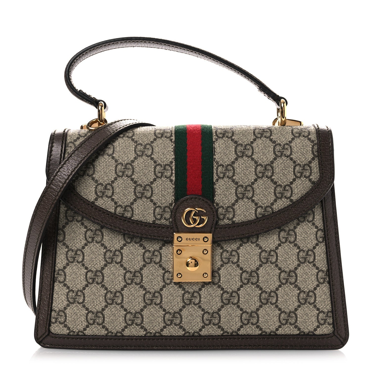 Gucci GG Supreme Monogram Textured Dollar Calfskin Web Small Ophidia Padlock Top Handle Bag Beige Ebony New Acero 1 of 11