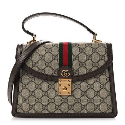 Gucci GG Supreme Monogram Textured Dollar Calfskin Web Small Ophidia Padlock Top Handle Bag Beige Ebony New Acero 1 of 11