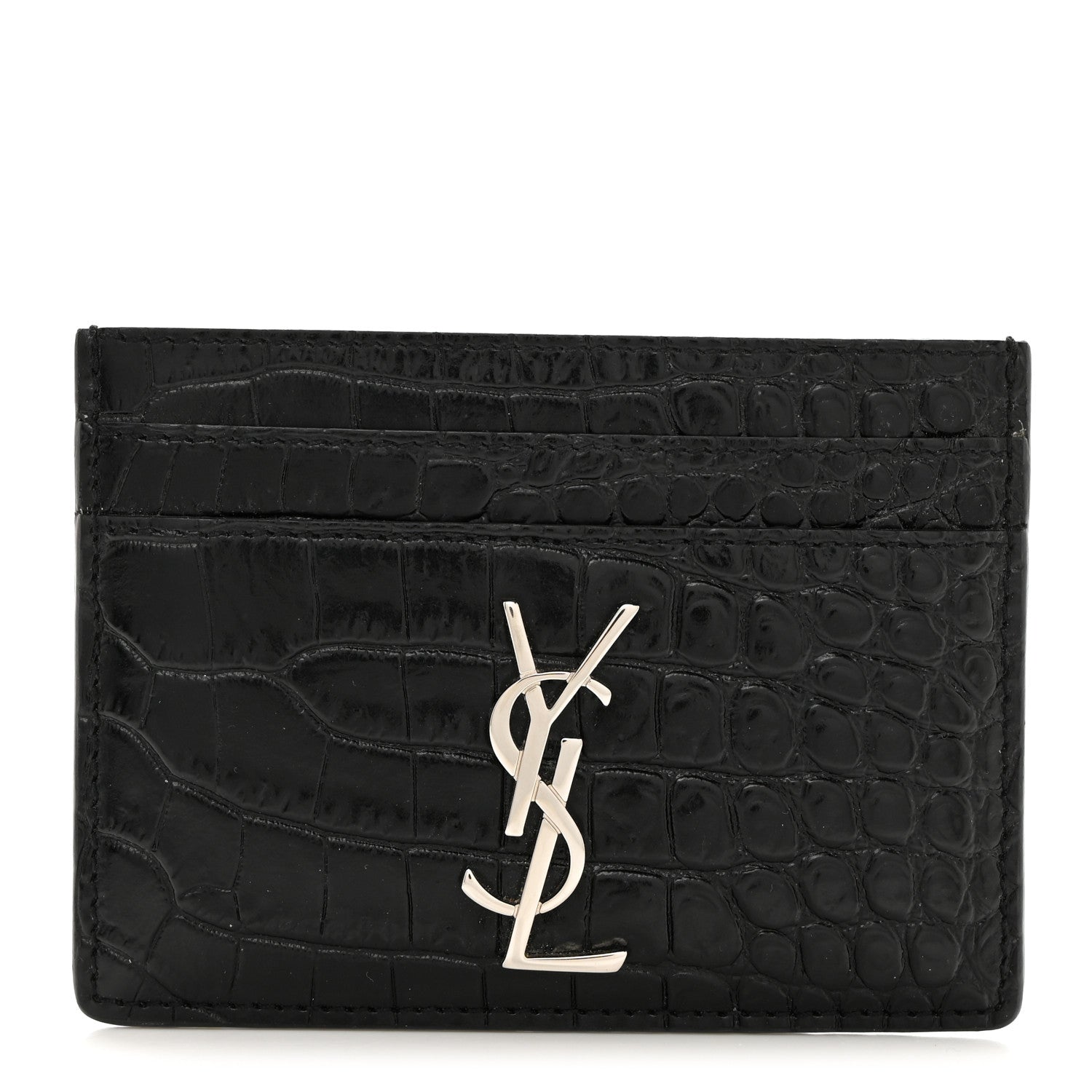 Saint Laurent Calfskin Crocodile Embossed Monogram Credit Card Case Black 1 of 7