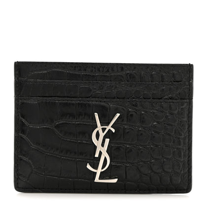 Saint Laurent Calfskin Crocodile Embossed Monogram Credit Card Case Black 1 of 7