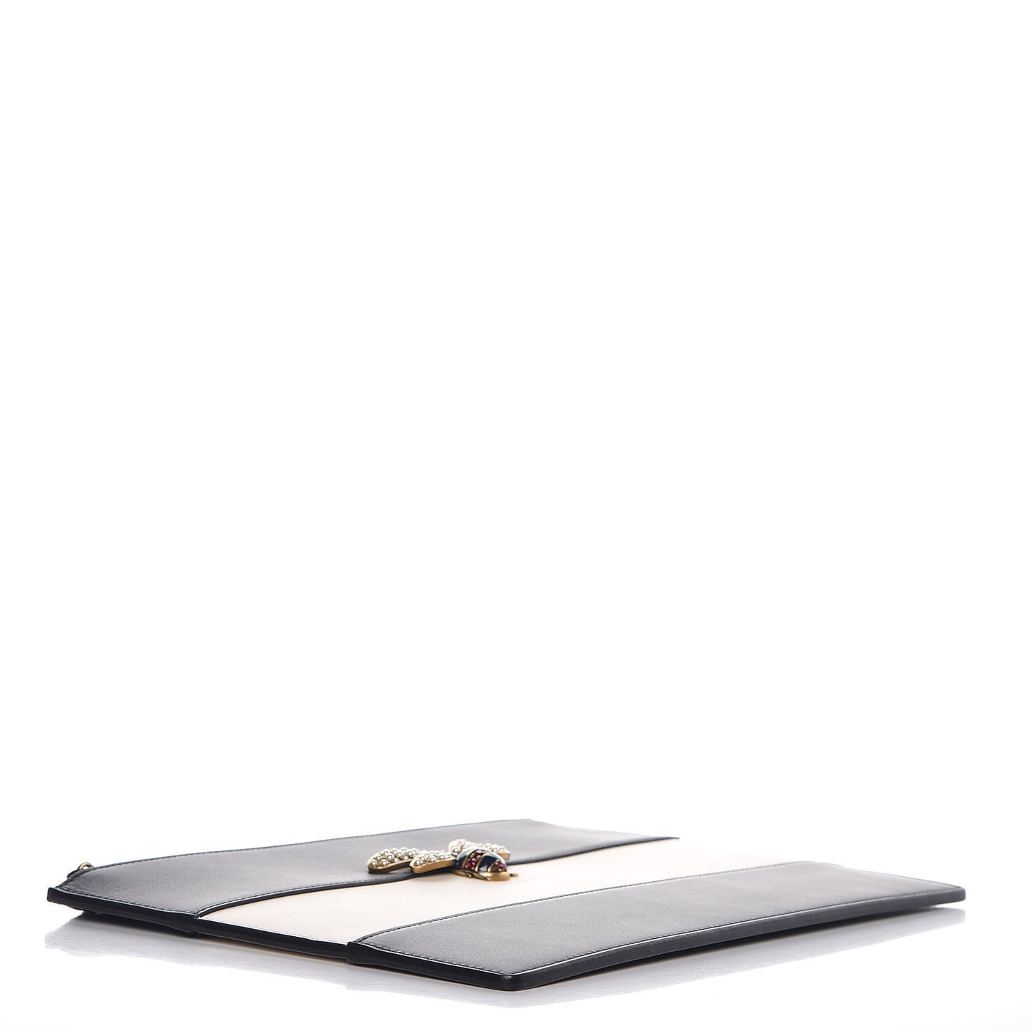 Calfskin Striped Oversized Bee Zip Pouch White Black