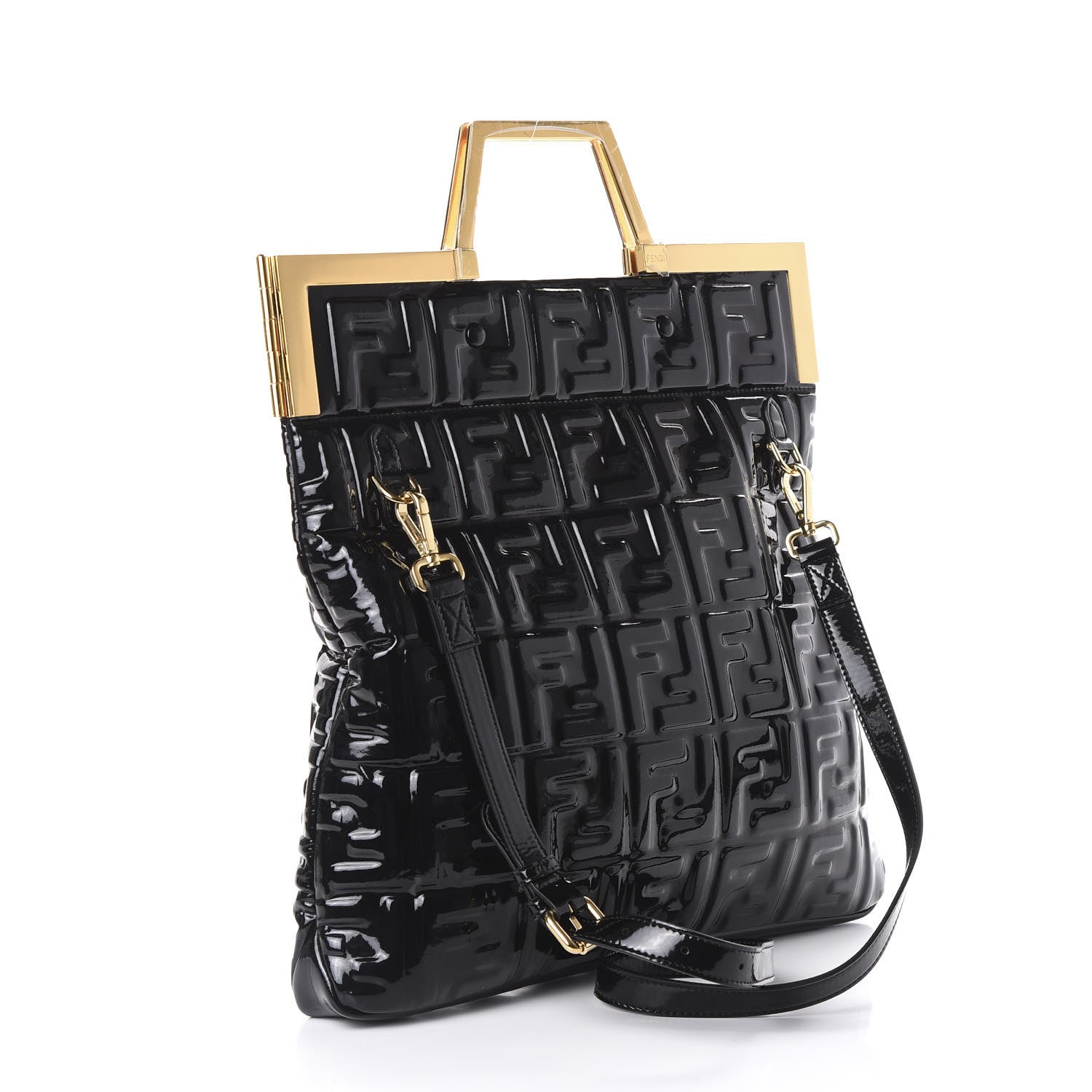 Fendi Patent FF 1974 Embossed Medium Shopping Flap Bag Black 3 of 9