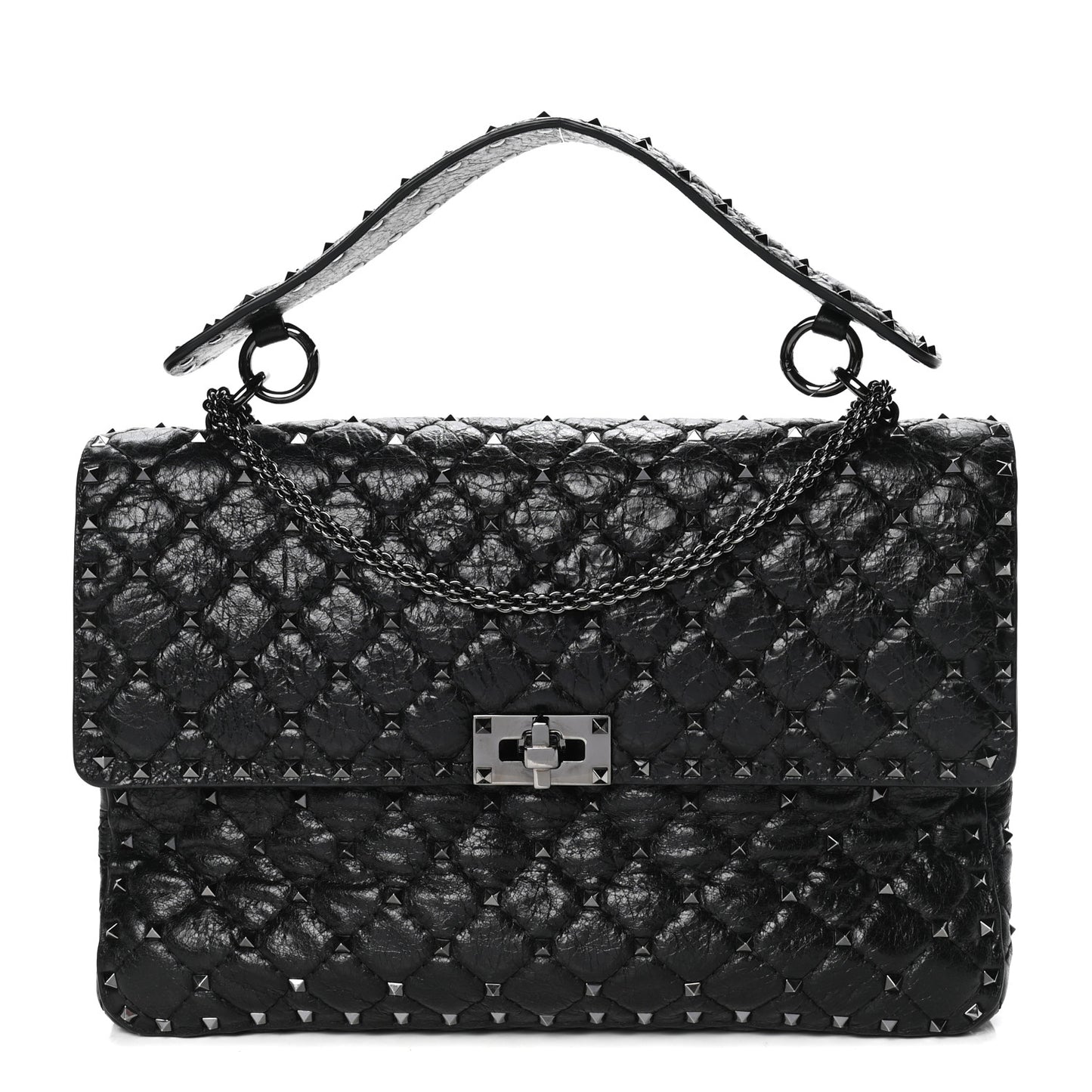 Craquele Nappa Large Rockstud Spike Shoulder Bag Black
