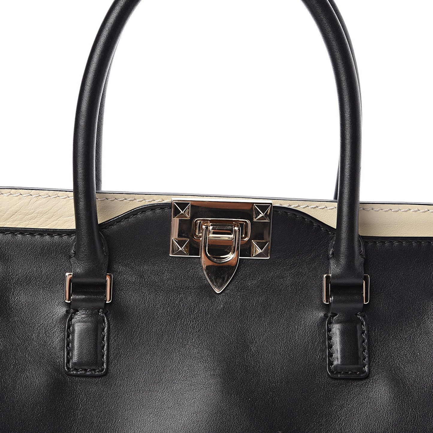 Vitello Bi-Color Small Rockstud Double Handle Tote Ivory Black