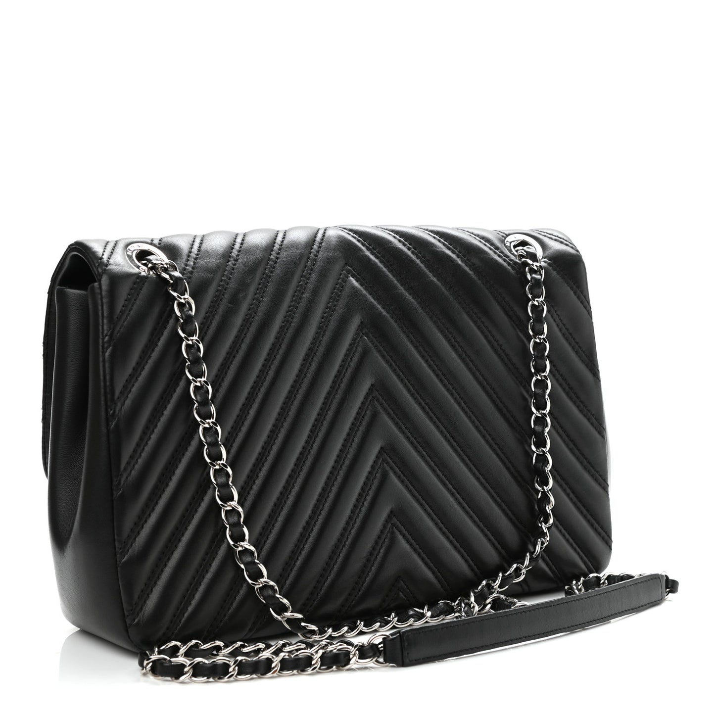 Lambskin Chevron Quilted Double Stitch Jumbo Single Flap Black