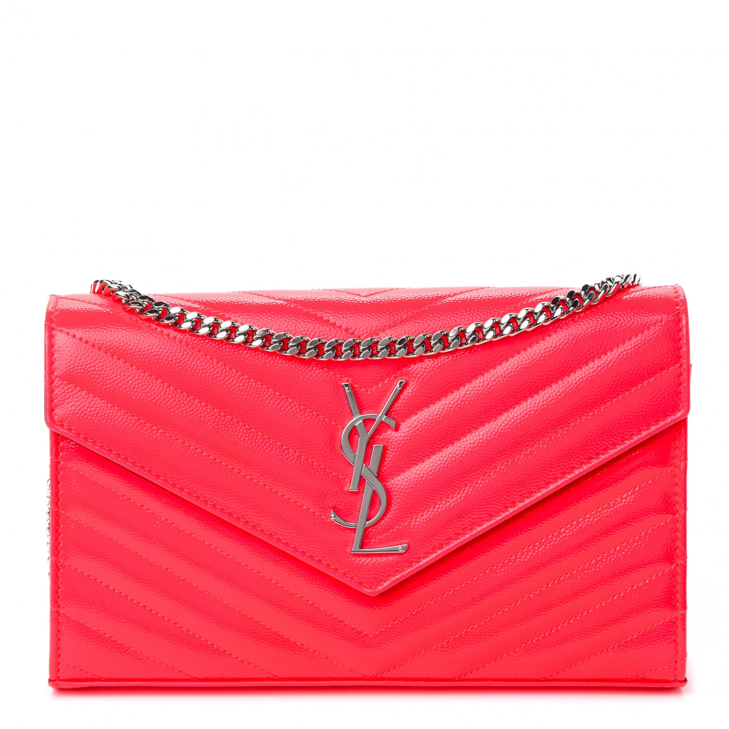 Patent Grain De Poudre Matelasse Chevron Monogram Chain Wallet Neon Pink