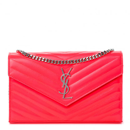 Saint Laurent Patent Grain De Poudre Matelasse Chevron Monogram Chain Wallet Neon Pink 1 of 9