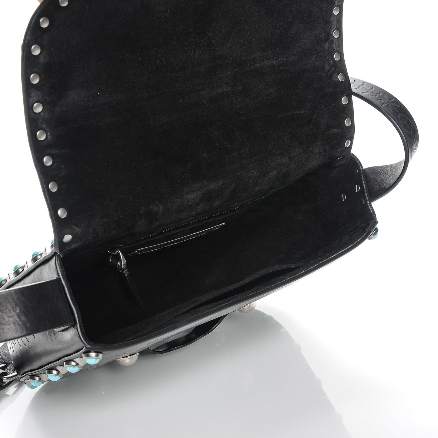 Calfskin Santeria Embossed Medium Rockstud Rolling Flap Saddle Bag Black
