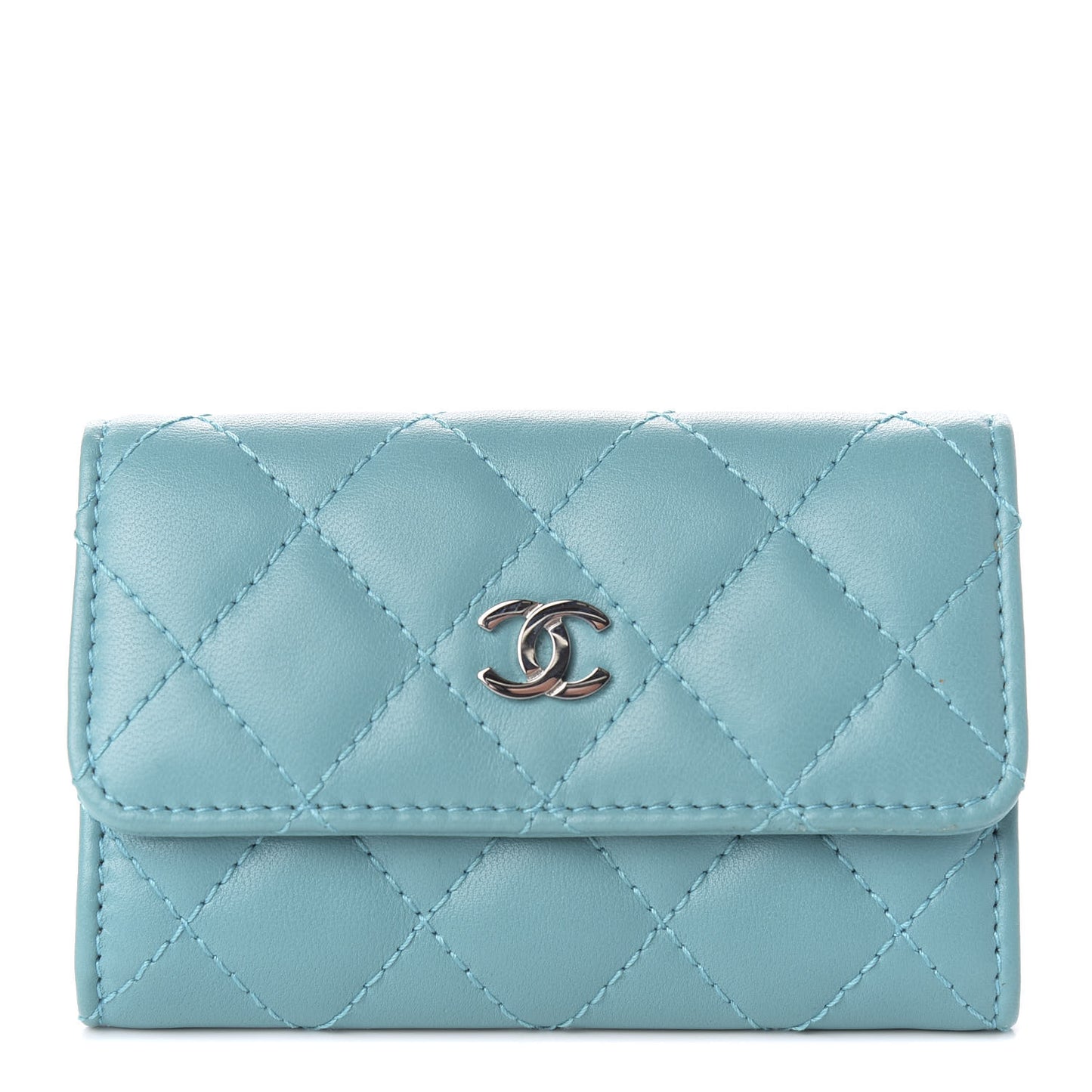 Lambskin Quilted Flap Card Holder Turquoise